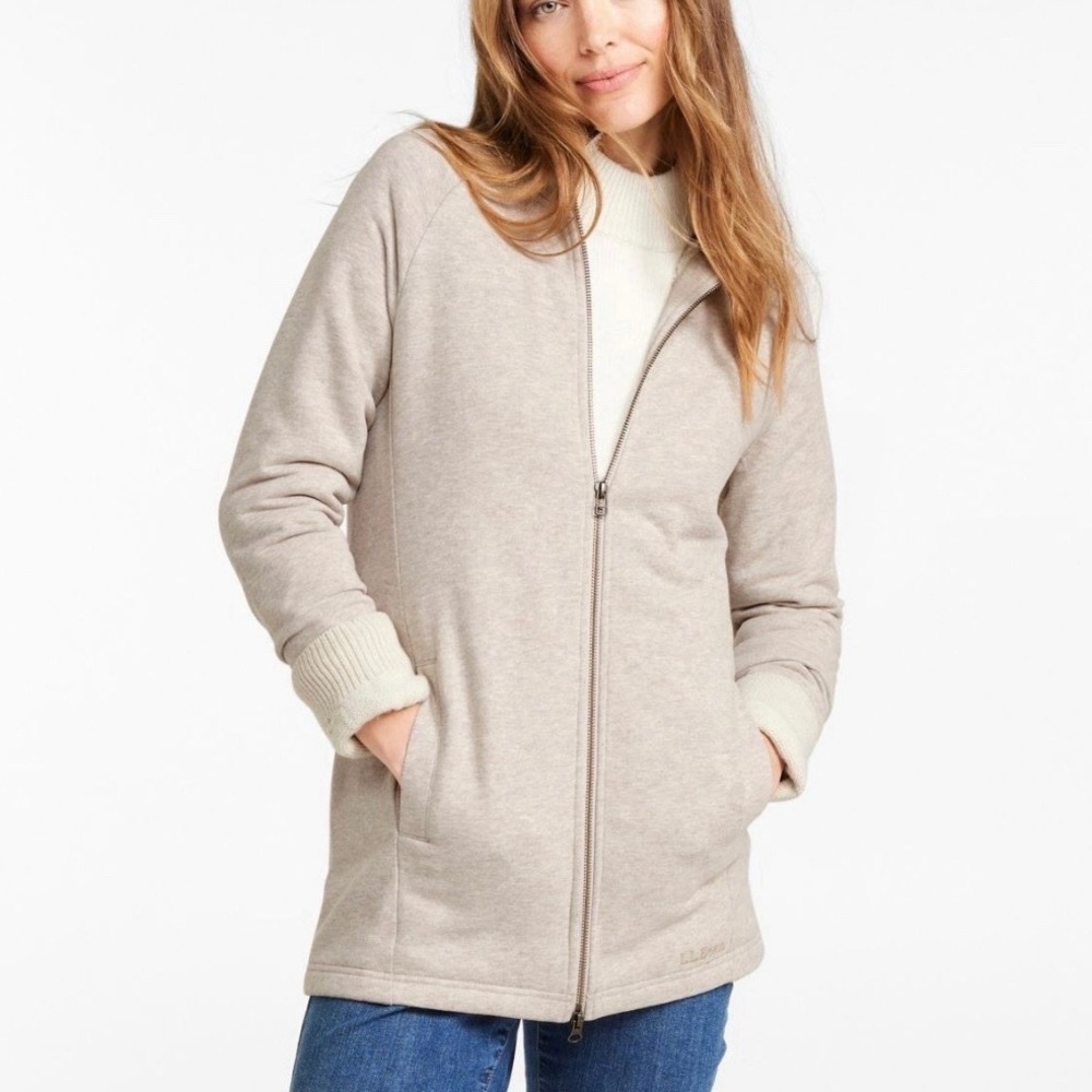 LL Bean 1912 Sweatshirt Sherpa Lined Full Zip Tunic Pockets Beige Neutral SMALL